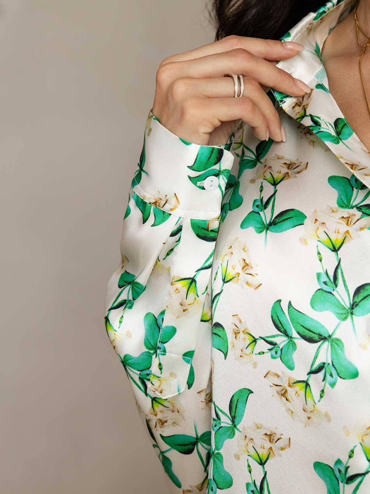 [FloralVerde] SilkSilky-ES 19Momme Seda Lapel Collar Women''s Outfit Sets 005