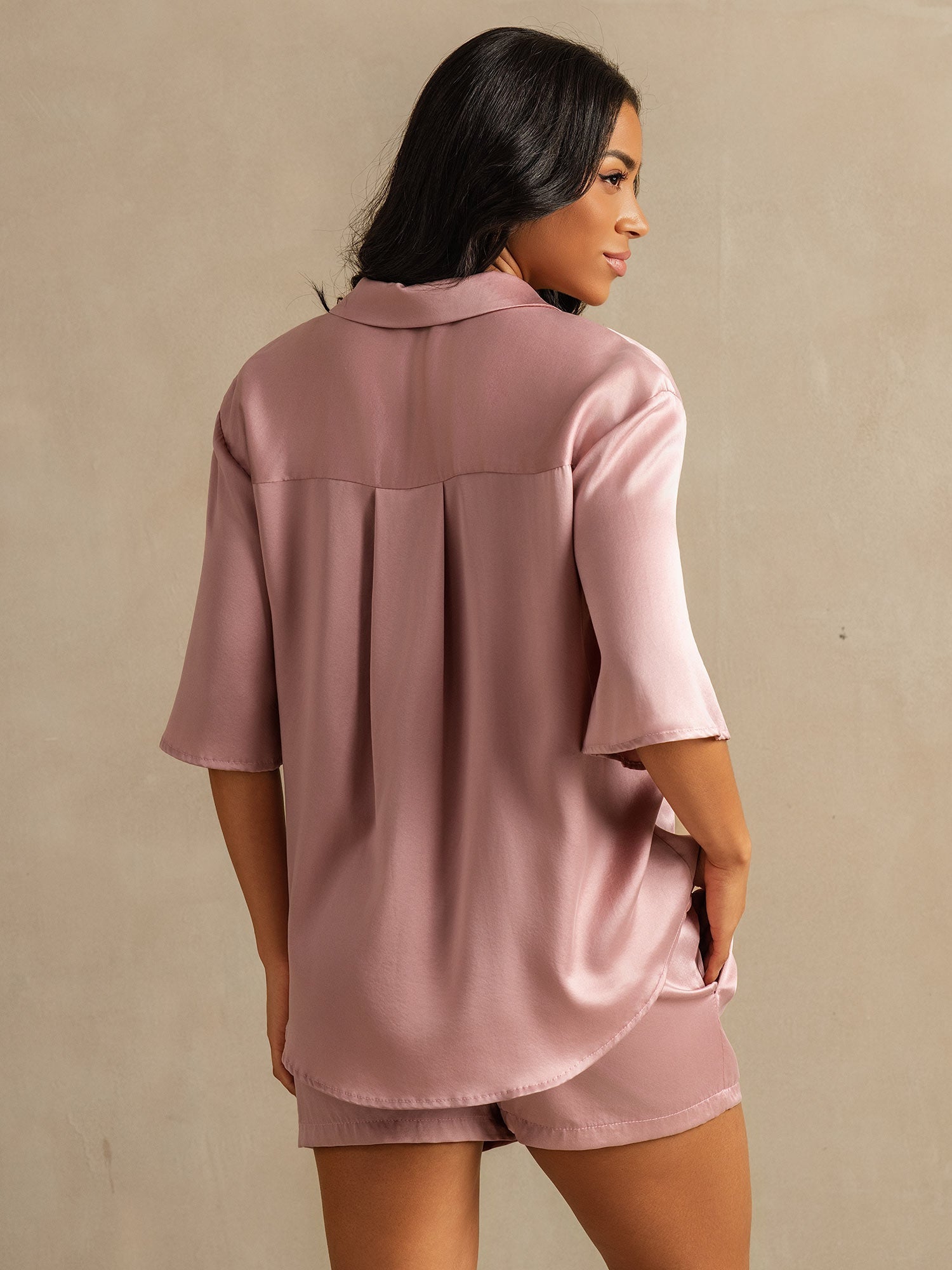 [Piel De Melocotón] SilkSilky-ES 19Momme Seda Pura Cuello Camisero Pijamas de mujer 002,