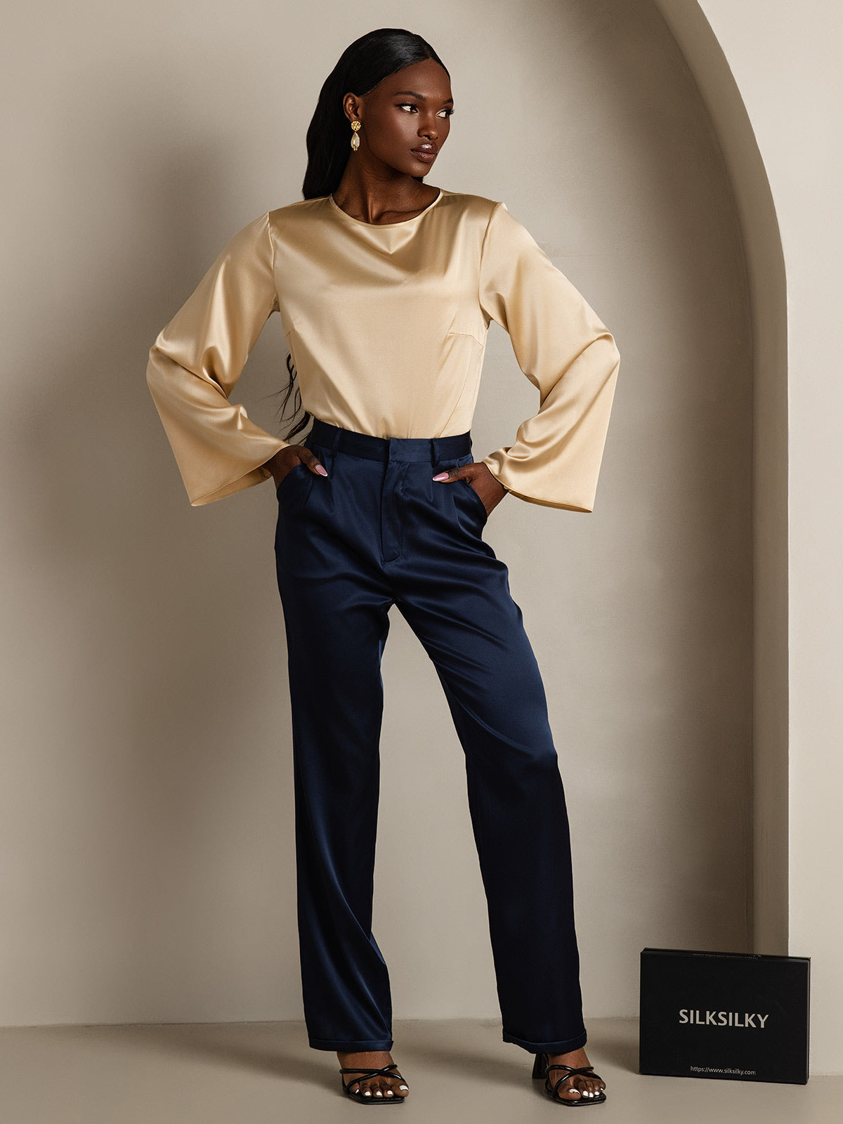 [Champán] SilkSilky-ES 19Momme Seda Manga larga Blouse 005