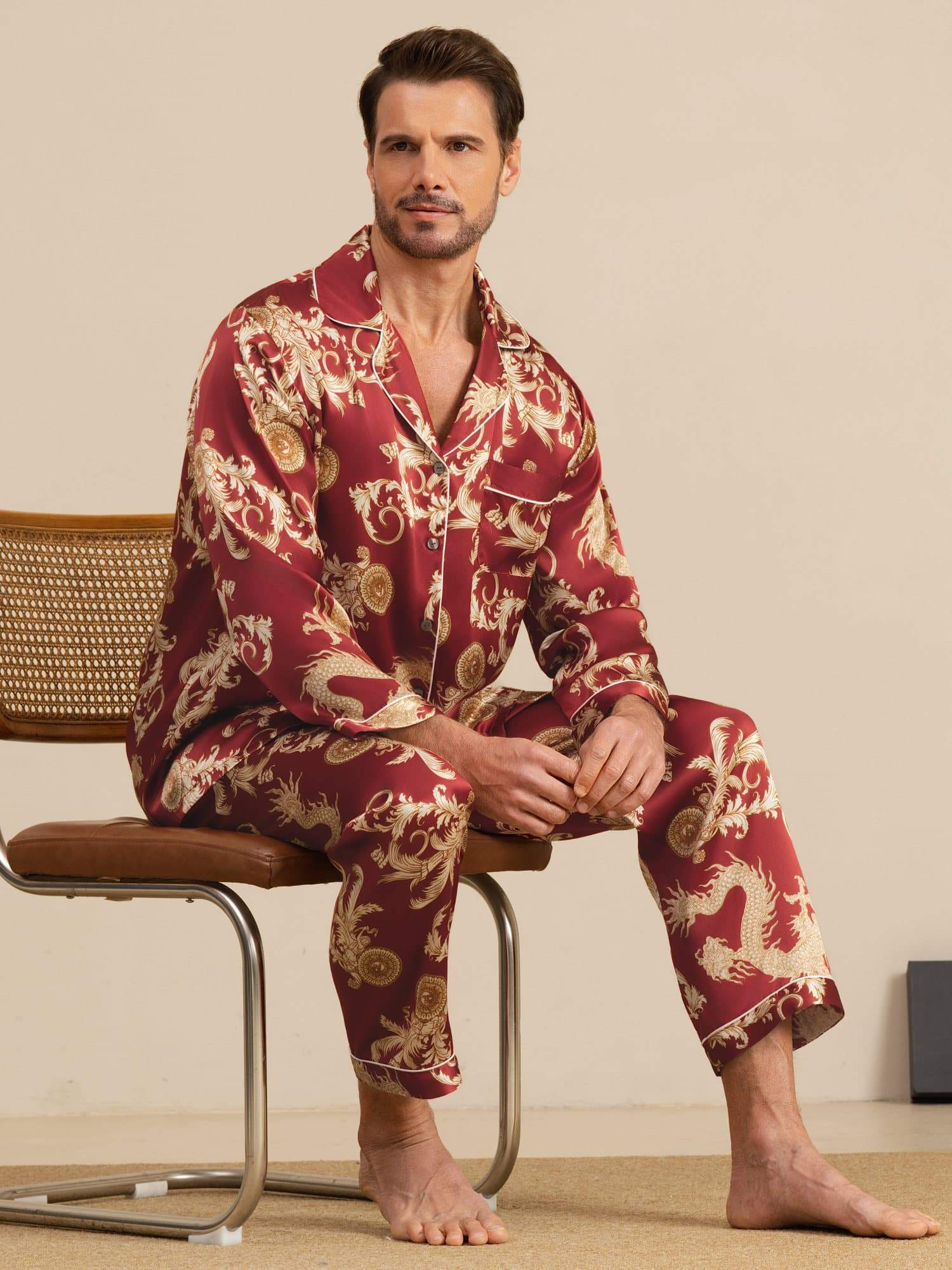 [Dragón Vino] SilkSilky-ES Manga larga Cuello de Muesca Pijamas de hombre 005