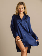 [Azul Oscuro] SilkSilky-ES Long Sleeve Lapel Collar Camisas de dormir 003