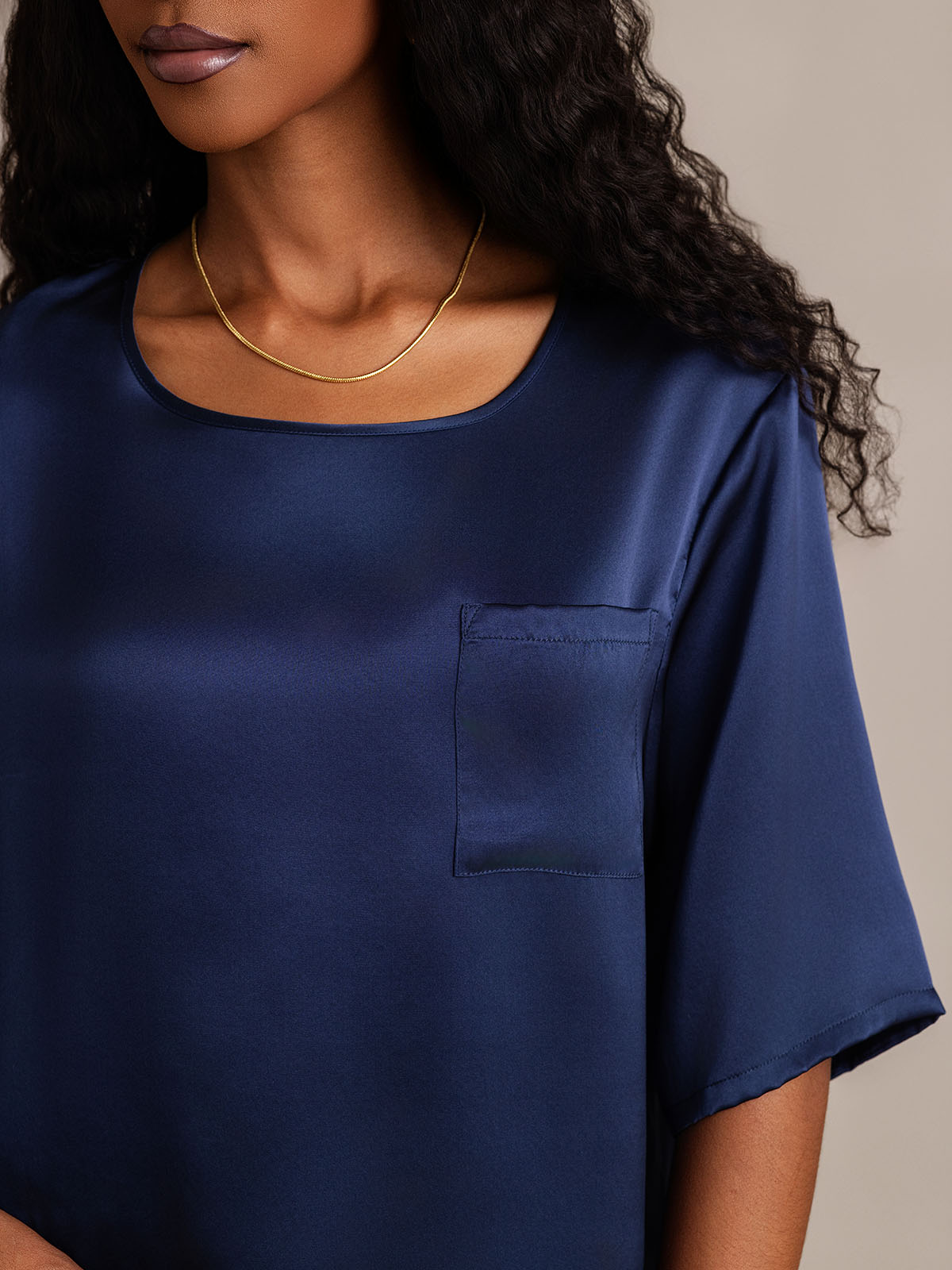 [Azul Oscuro] SilkSilky-ES A metà Cuello Redondo Pijamas de mujer 008