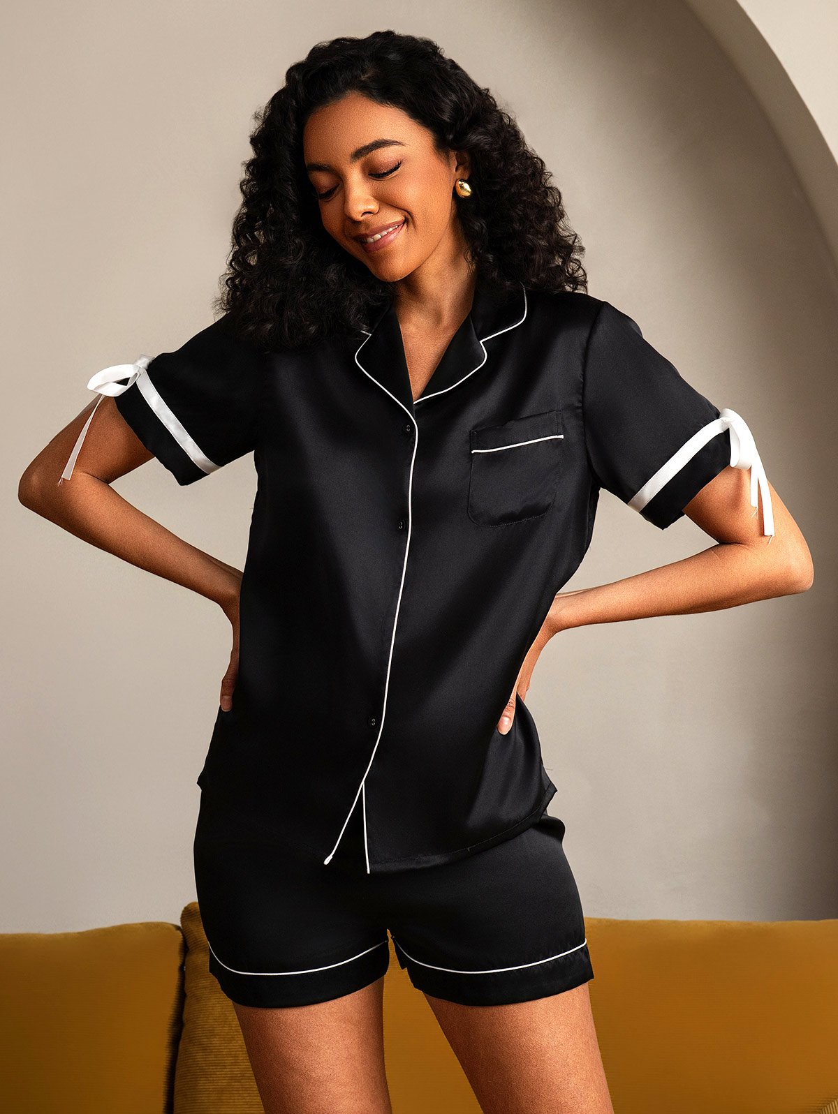 [Negro] SilkSilky-ES Seda Pura Manga corta Solapa Pijamas de mujer 001