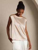 [Beige] SilkSilky-ES Cap Sleeve Round Neck Camisetas de Mujer 006