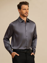 [Gris Oscuro] SilkSilky-ES Long Sleeve Lapel Collar Camisa de hombre 001