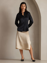 [Negro] SilkSilky-ES Long Sleeve Lapel Collar Blusas de Mujer 006