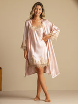 [Rosa] SilkSilky-ES 3/4 Sleeve V Neck Conjunto de camisón y bata 003
