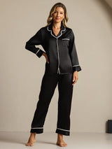 [Negro] SilkSilky-ES Long Sleeve Lapel Collar Pijamas de mujer 001