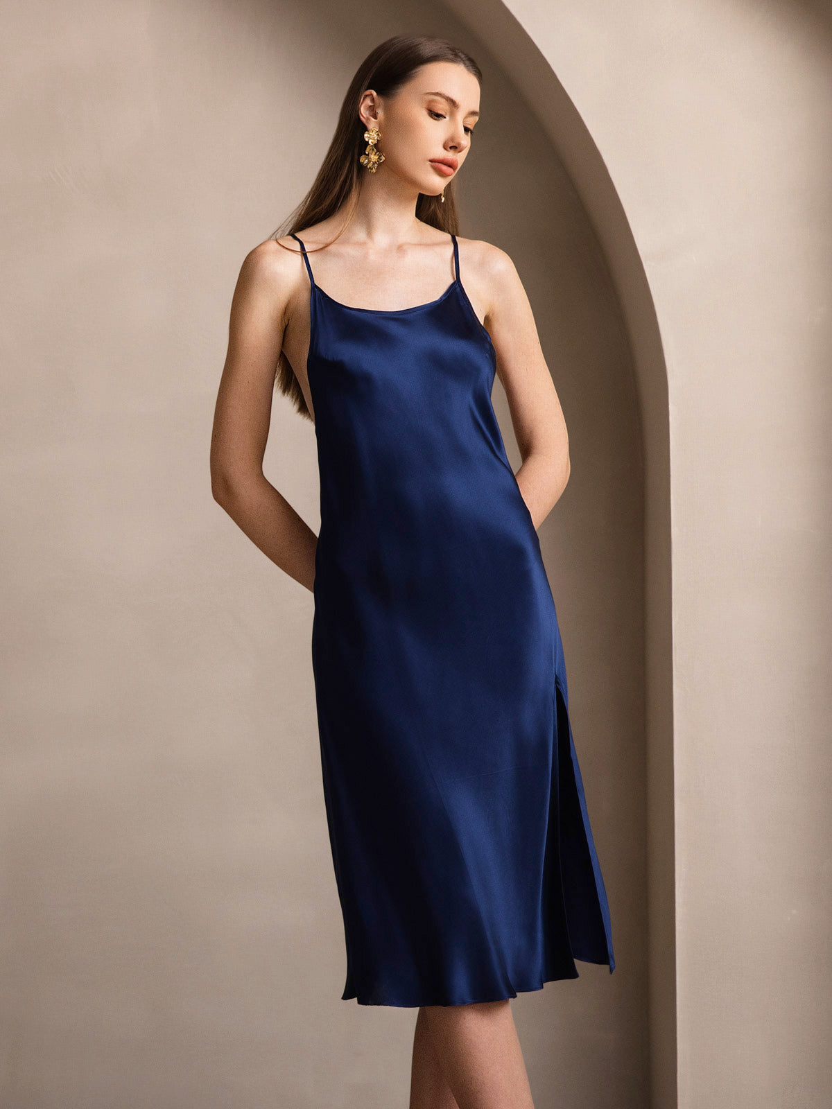 [Azul Oscuro] SilkSilky-ES Seda Pura Sin mangas Round Neck Vestido 001