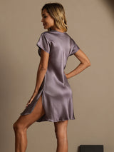 [Gris Púrpura] SilkSilky-ES Short Sleeve V Neck Camisón 002