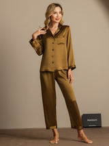 [Marrón] SilkSilky-ES Long Sleeve Lapel Collar Pijamas de mujer 005