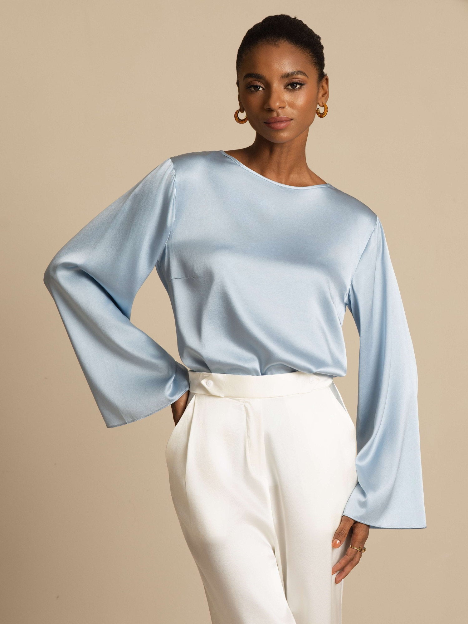 [Azul Grisáceo] SilkSilky-ES 19Momme Seda Manga larga Blouse 003