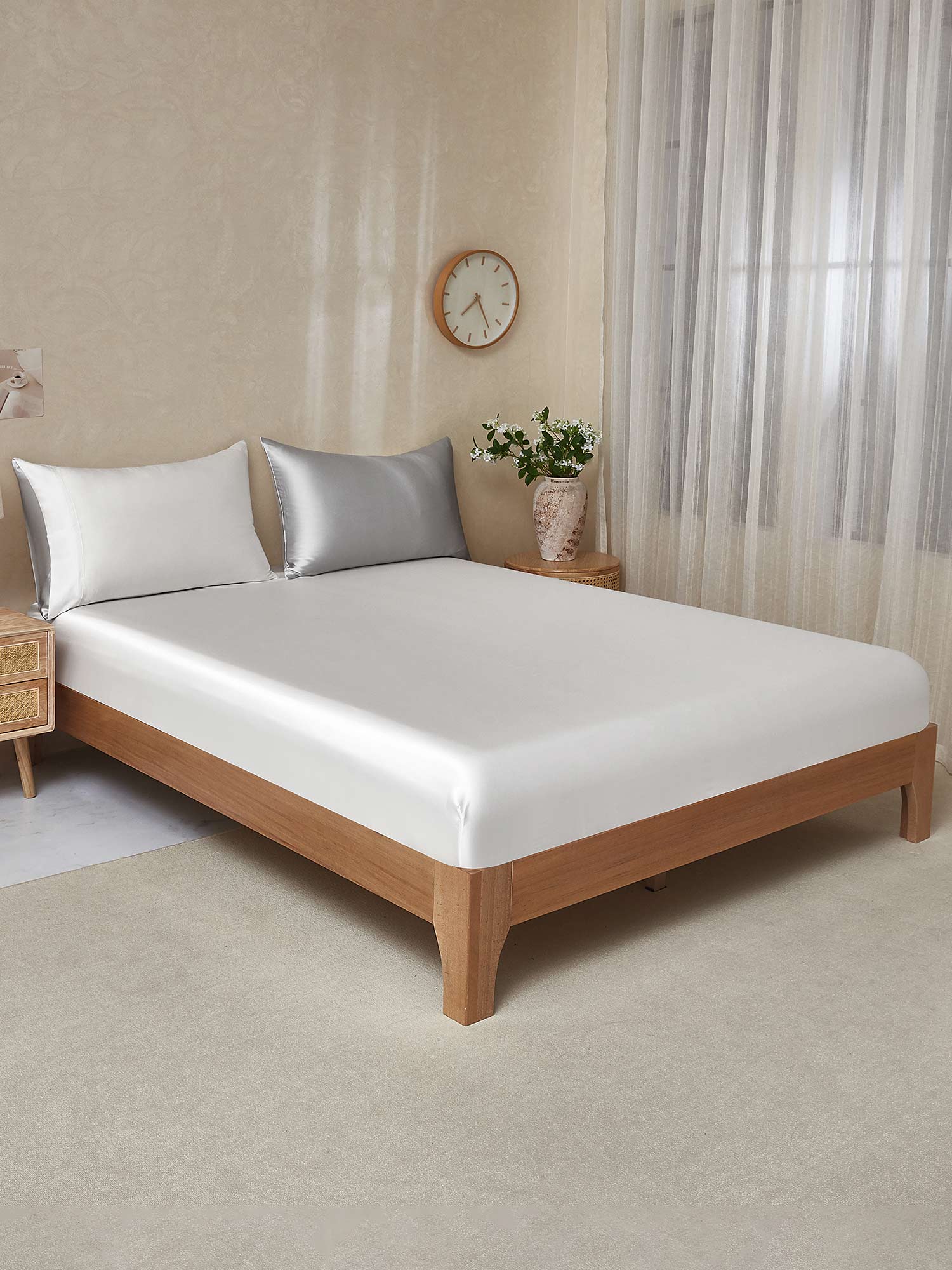 [GrisClaro+Blanco] SilkSilky-ES 22Momme Seda Pura Bedding Set 001,
