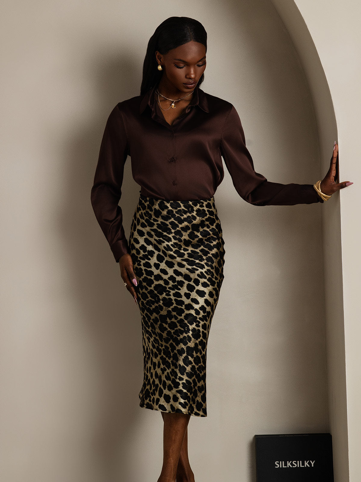 [Chocolate Negro] SilkSilky-ES Seda Manga larga Cuello Camisero Blusas de Mujer 005