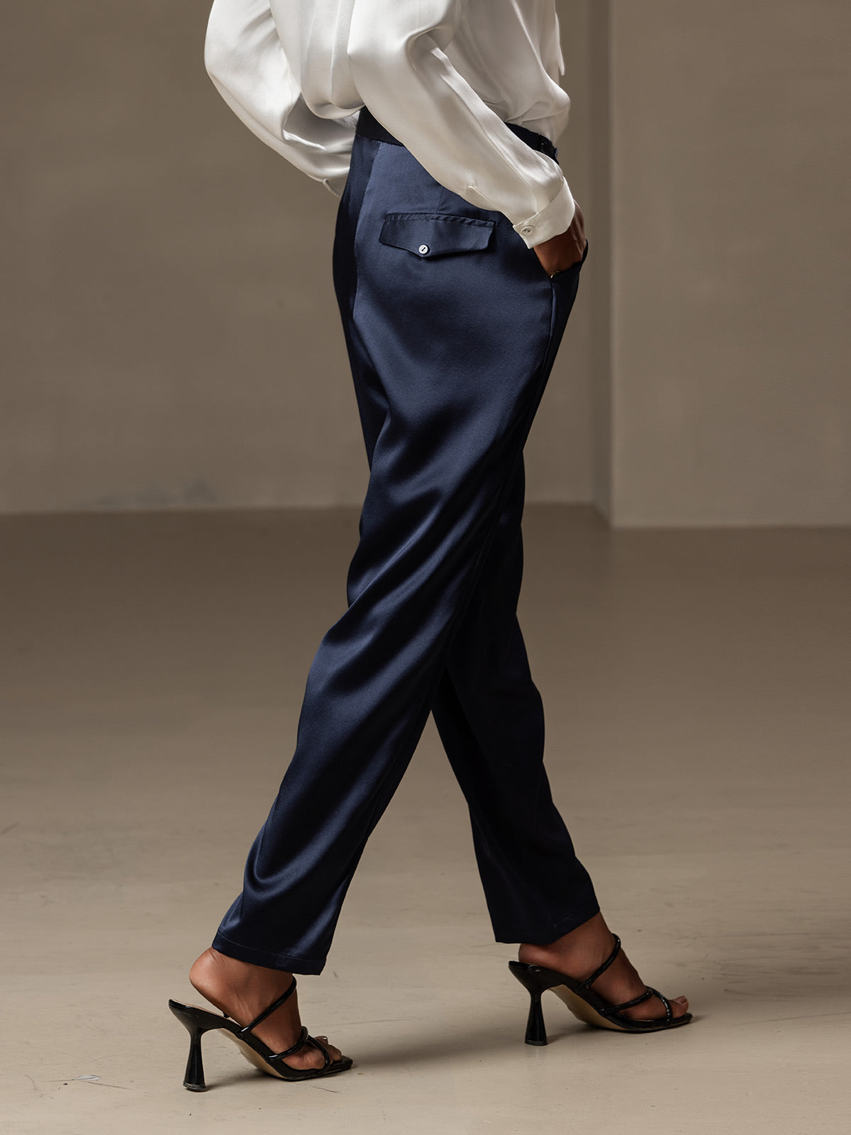 [Azul Oscuro] SilkSilky-ES 19Momme Seda Womens Pants 002