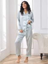 [Azul Claro] SilkSilky-ES Long Sleeve Lapel Collar Pijamas de mujer 004