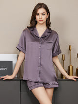 [Gris Púrpura] SilkSilky-ES Short Sleeve Lapel Collar Pijamas de mujer 003