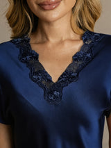 [Azul Oscuro] SilkSilky-ES Short Sleeve V Neck Camisón 004