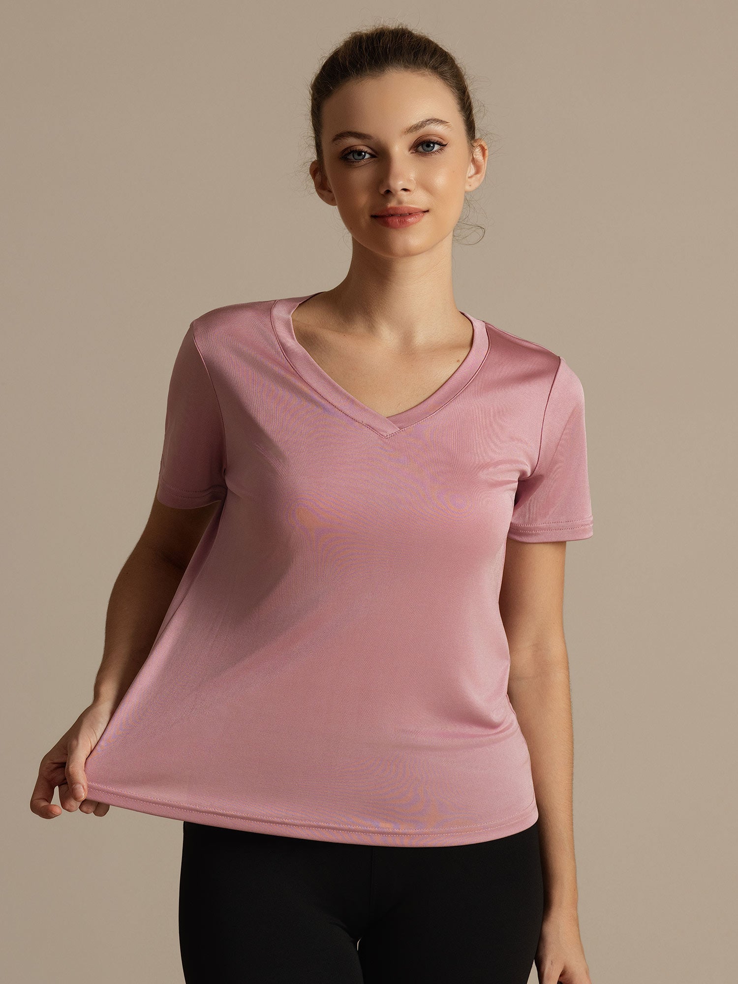 [Malva Pálido] SilkSilky-ES Manga corta Cuello en V Camisetas de Mujer 005