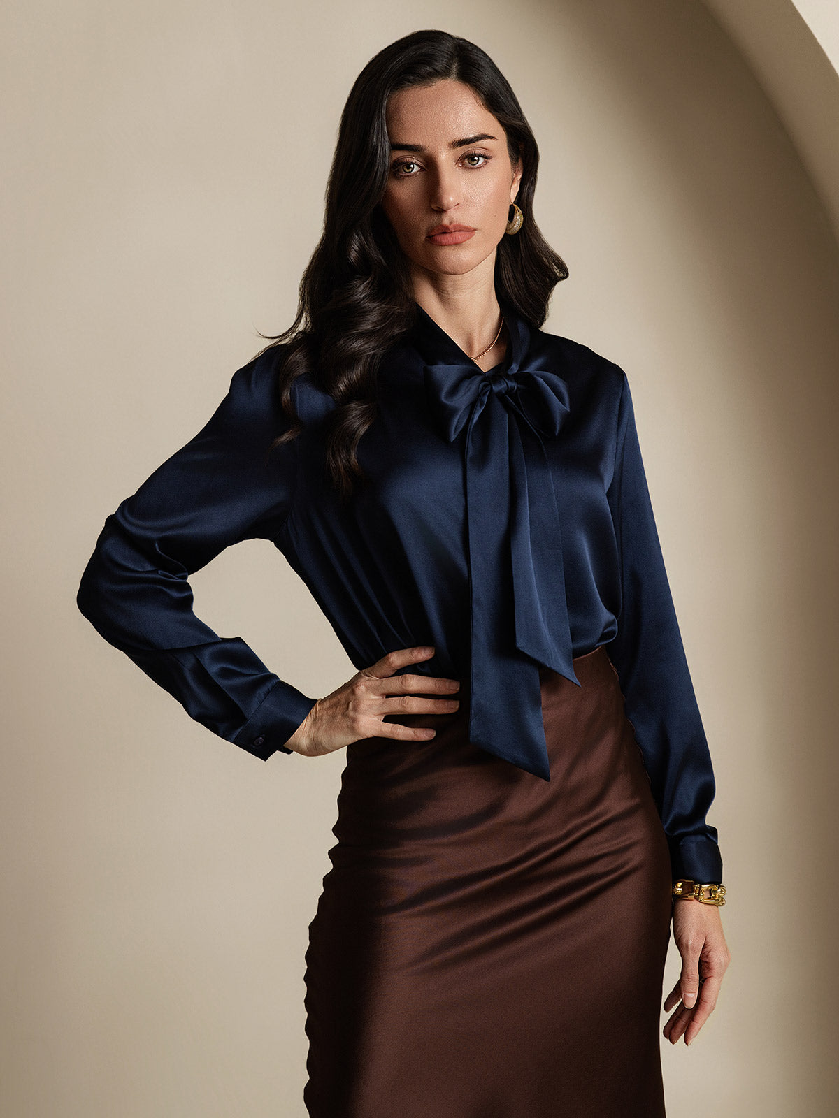 [Azul Oscuro] SilkSilky-ES 19Momme Seda Manga larga Corbata Blusas de Mujer 004