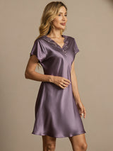 [Gris Púrpura] SilkSilky-ES Short Sleeve V Neck Camisón 001