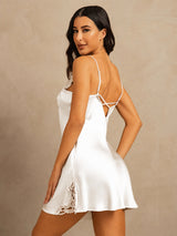 [Blanco] SilkSilky-ES Spaghetti Strap V Neck Camisón 002