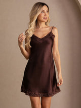 [Marrón] SilkSilky-ES Spaghetti Strap V Neck Camisón 006