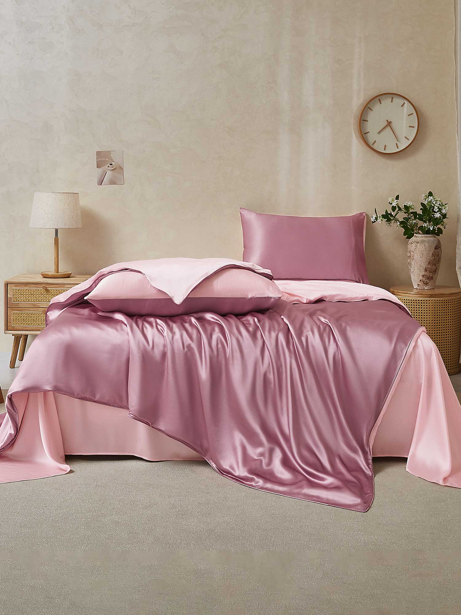 [MalvaPálido+RosaClaro] SilkSilky-ES 19Momme Seda Pura Bedding Set 002,