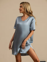 [Azul Grisáceo] SilkSilky-ES Half Sleeve V Neck Camisón 005