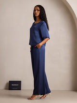 [Azul Oscuro] SilkSilky-ES Half Sleeve Round Neck Pijamas de mujer 004