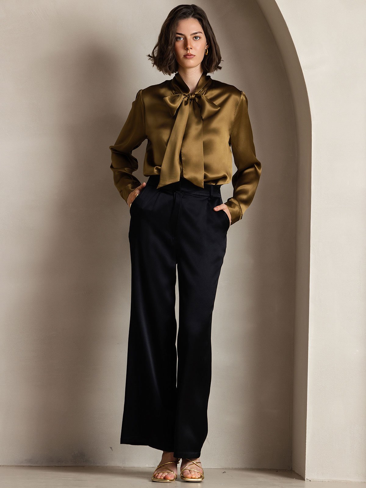 [Marrón] SilkSilky-ES 19Momme Seda Manga larga Blouse 003