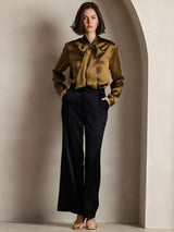 [Marrón] SilkSilky-ES Long Sleeve Tie Neck Blusas 003