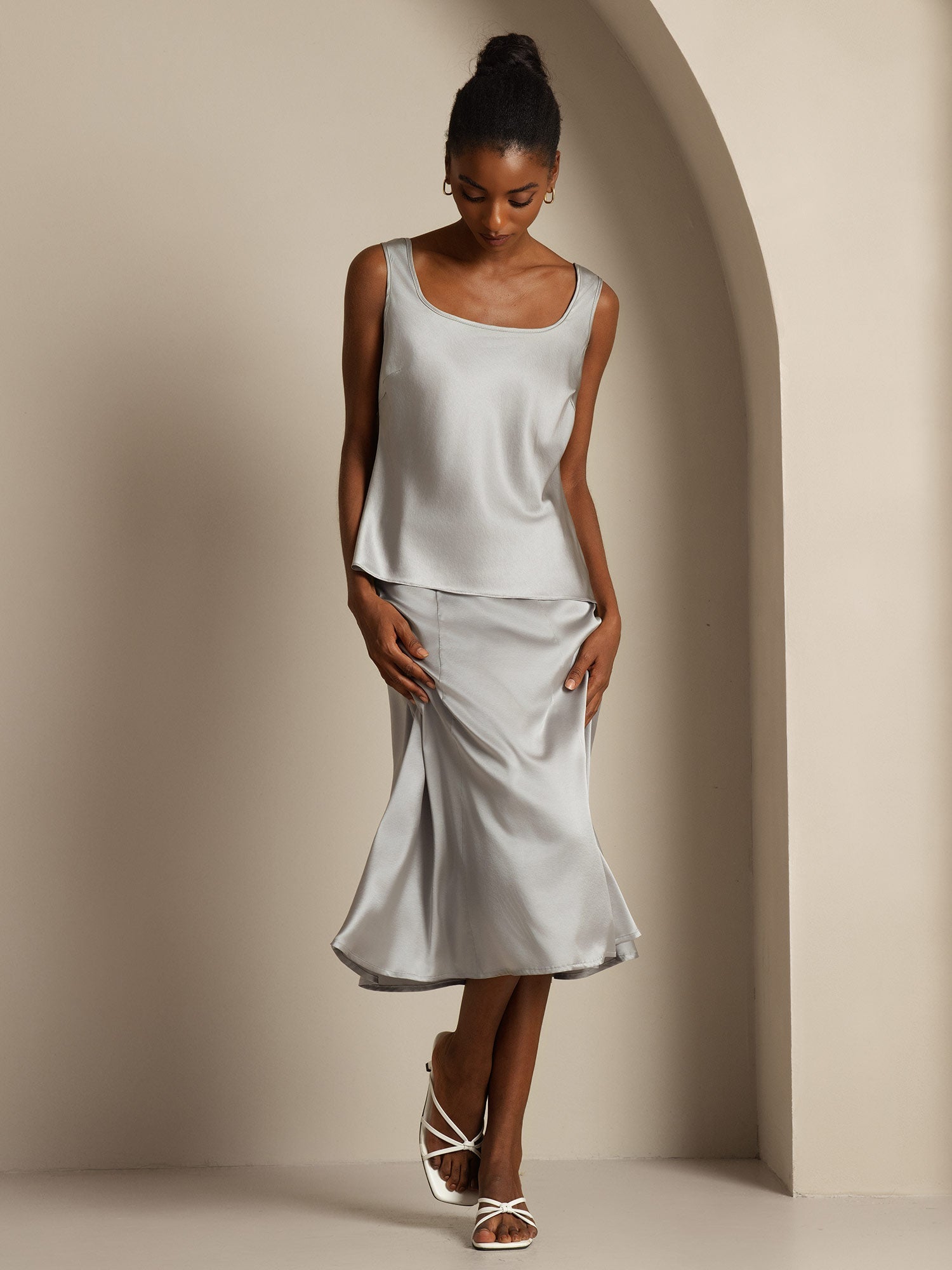 [Gris Griffin] SilkSilky-ES 19Momme Seda Cuello en U Top de tirantes 007,