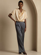 [Champán] SilkSilky-ES Short Sleeve Cowl Neck Blusas 008