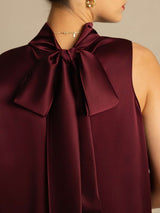 [Rojo Oscuro] SilkSilky-ES 19Momme Sin mangas Cuello Lazo Blusa 004