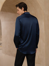 [Azul Oscuro] SilkSilky-ES 19Momme Manga larga Cuello con Solapa Camisa de hombre 002