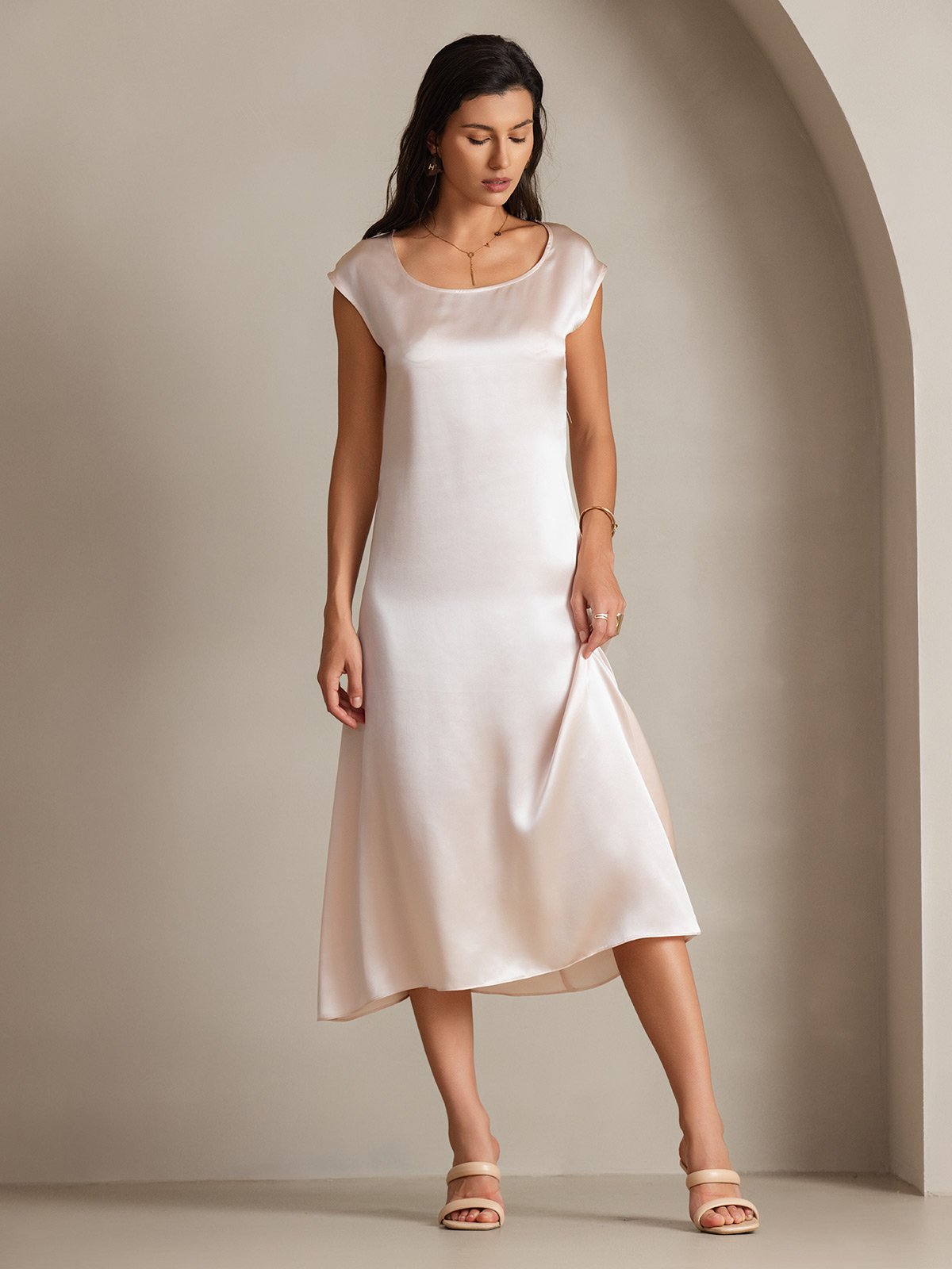 [Rosa] SilkSilky-ES 19Momme Seda Sin mangas Dress 002