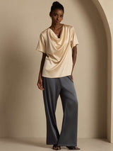 [Champán] SilkSilky-ES Short Sleeve Cowl Neck Blusas 006