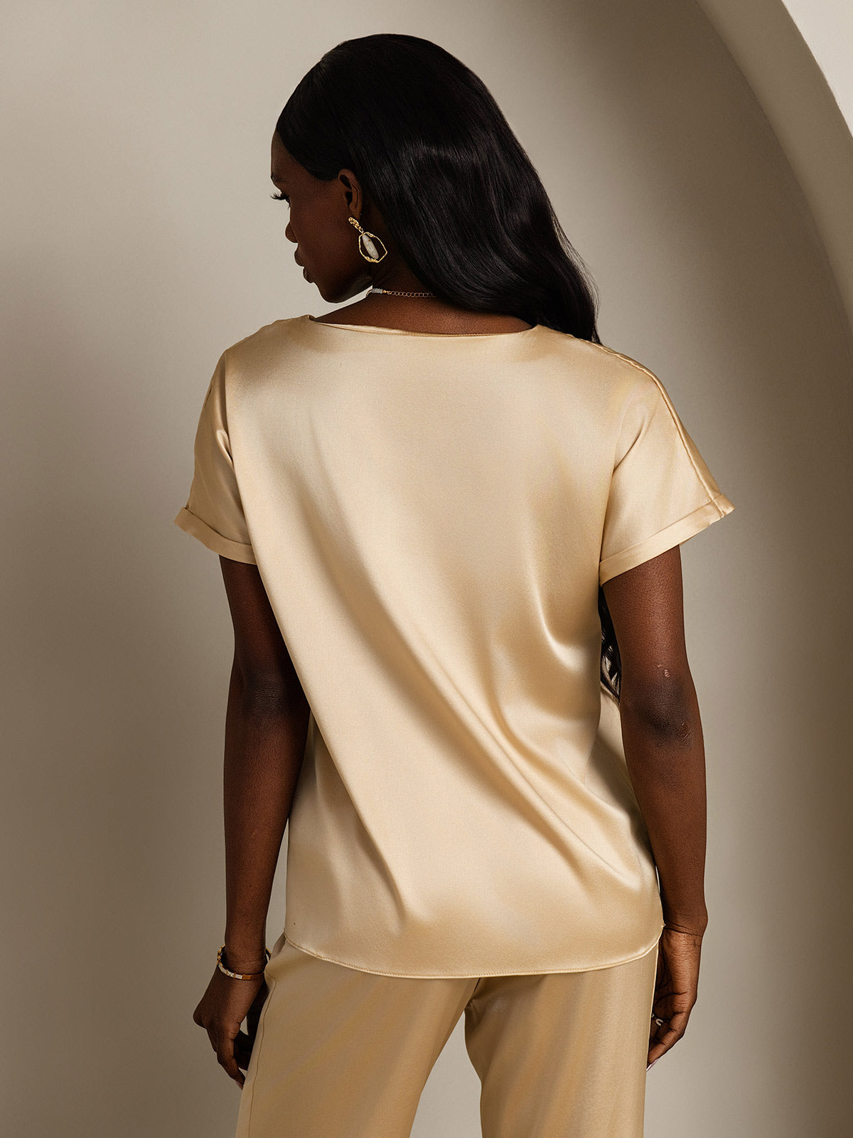 [Champán] SilkSilky-ES 19Momme Manga corta Cuello Barco Camisetas de Mujer 002