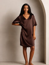 [Marrón] SilkSilky-ES Half Sleeve V Neck Camisón 005