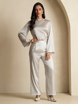 [Gris Claro] SilkSilky-ES Long Sleeve Boat Neck Blusa 007