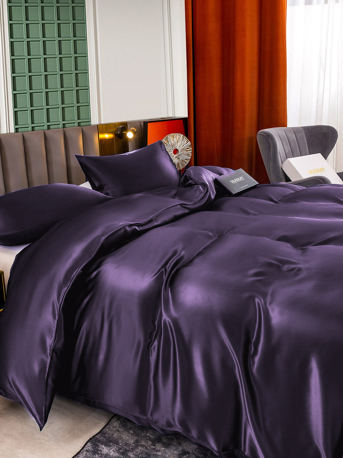 [Morado Oscuro] SilkSilky-ES 22Momme Seda Pura Bedding Set 005,