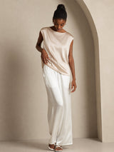[Beige] SilkSilky-ES Cap Sleeve Round Neck Camisetas de Mujer 006