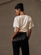 [Beige] SilkSilky-ES Short Sleeve Cowl Neck Blusas 002