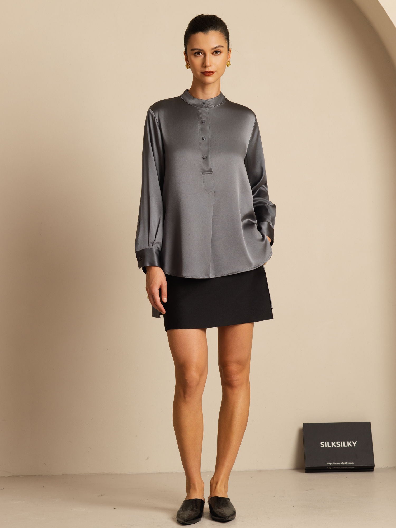 [Gris Oscuro] SilkSilky-ES 19Momme Seda Manga larga Cuello Alto Blusa 009