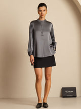 [Gris Oscuro] SilkSilky-ES 19Momme Manga larga Cuello Alto Blusa 009