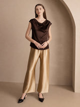 [Chocolate Negro] SilkSilky-ES Cap Sleeve Cowl Neck Camisetas de Mujer 004