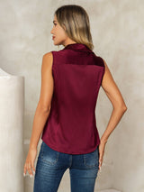 [Rojo Oscuro] SilkSilky-ES Sleeveless Lapel Collar Blusas de Mujer 002