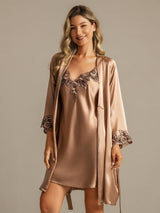 [Marrón] SilkSilky-ES 3/4 Sleeve V Neck Conjunto de camisón y bata 001