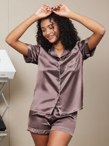 [Café] SilkSilky-ES Short Sleeve Lapel Collar Pijamas de mujer 002
